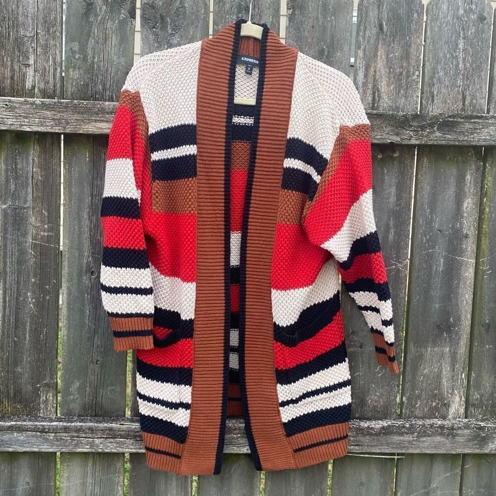 Express Womens XS Petite Striped Open Front Cardigan Sweater Shawl Collar Chunky